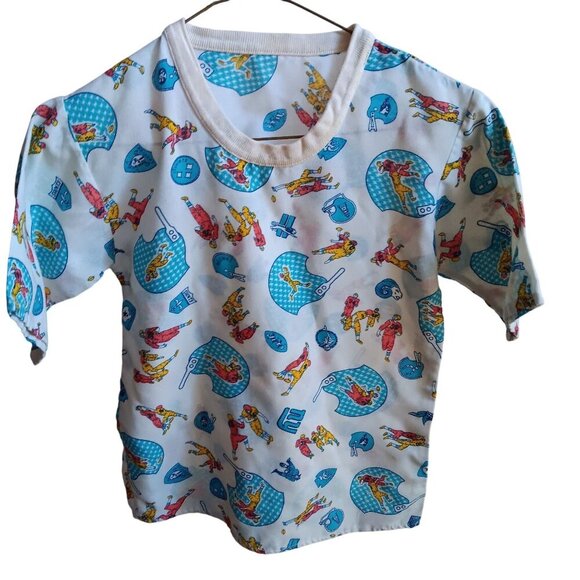 Handmade Tops - Vintage 1960's  Womens Small XS T-SHIRT HOME MADE PILLOWCASE FOOTBALL PRINT